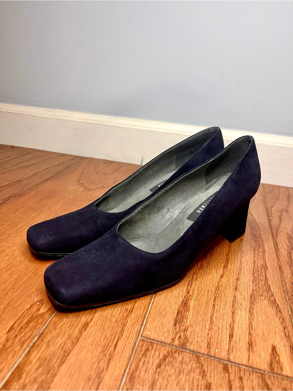 Stuart Weitzman Navy Suede Pumps 11.5 SS Super Slim Block Heel